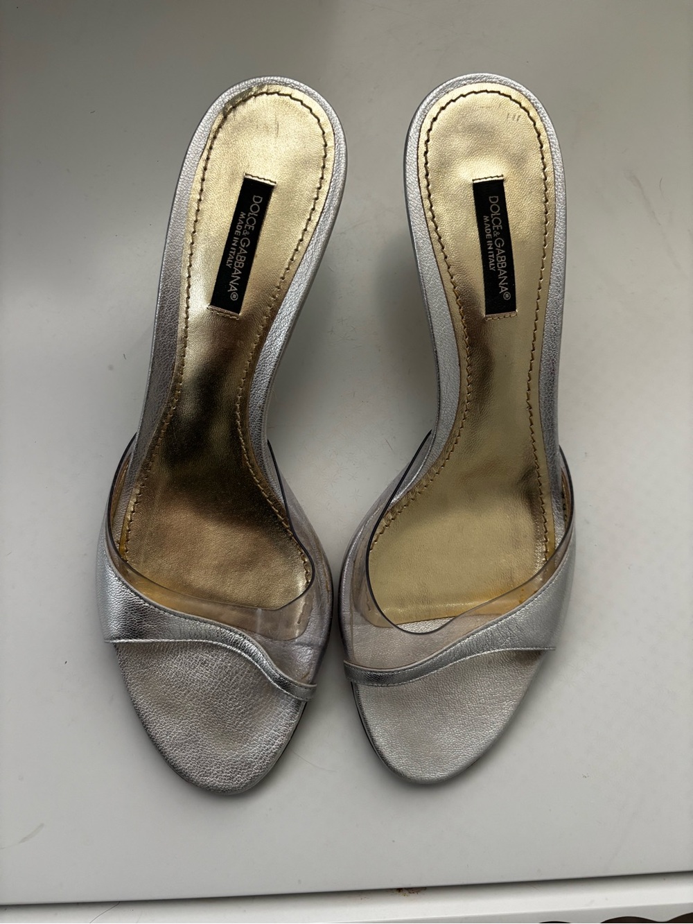 Vero Cuoio Silver Metallic Slide Mules with Clear Strap